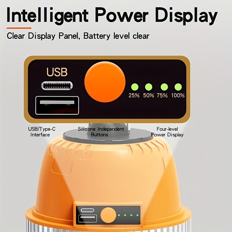 Orange Hanging Camping Lantern with Three Brightness Settings, Type-C Charging Port and Integrated Hook