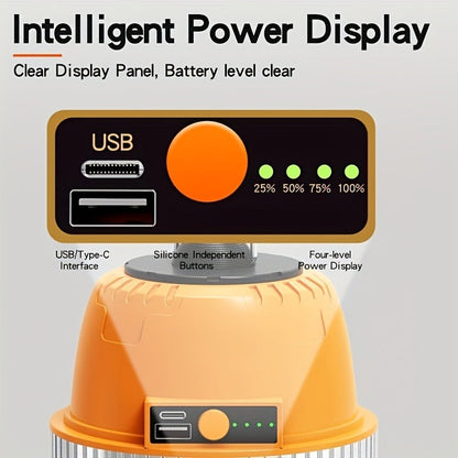 Orange Hanging Camping Lantern with Three Brightness Settings, Type-C Charging Port and Integrated Hook