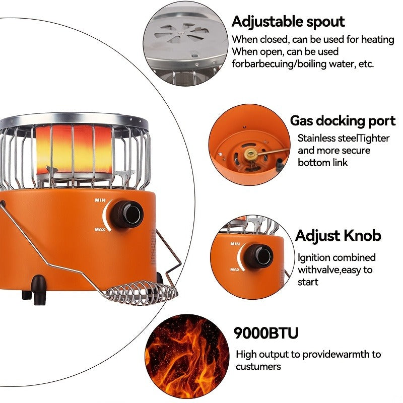 Two-in-One Outdoor Propane Radiant Heater and Cooking Stove with Hose, Converter and 7-Inch Orange Body