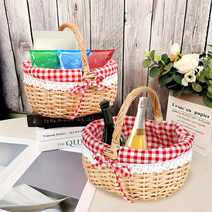Large Wicker Picnic Basket with Split Lid, Central Carry Handle and Red Checkered Textile Lining