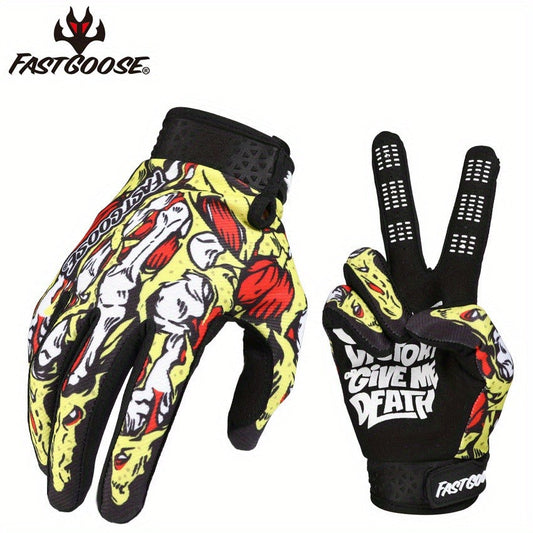 Printed Full-Finger Motocross Gloves with Black Palms, Wrist Closures, Blue or Yellow in M to XL