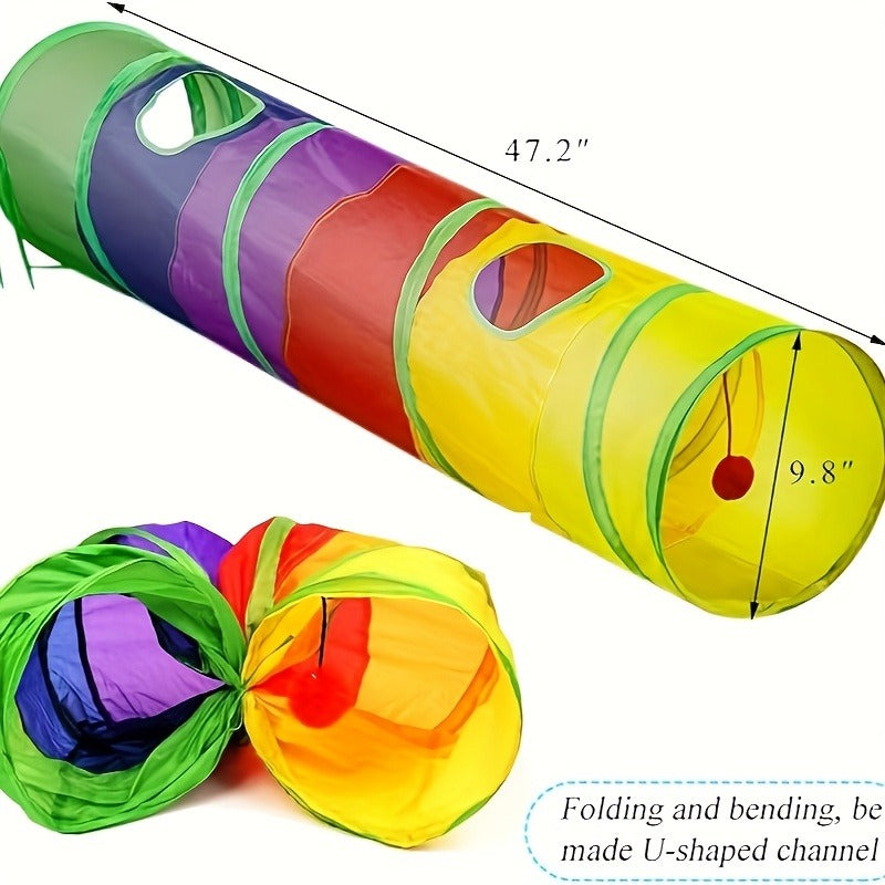 Collapsible Cat Tunnel Toy – Foldable S-Shaped & 3-Way Tube with Ball & Peek Holes, Rainbow Colors, Connectable Cat Play Tunnel for Indoor
