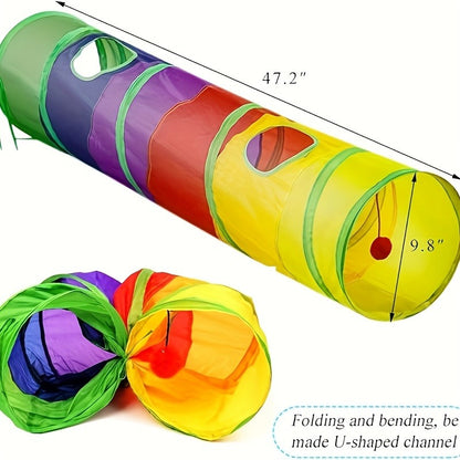 Collapsible Cat Tunnel Toy – Foldable S-Shaped & 3-Way Tube with Ball & Peek Holes, Rainbow Colors, Connectable Cat Play Tunnel for Indoor