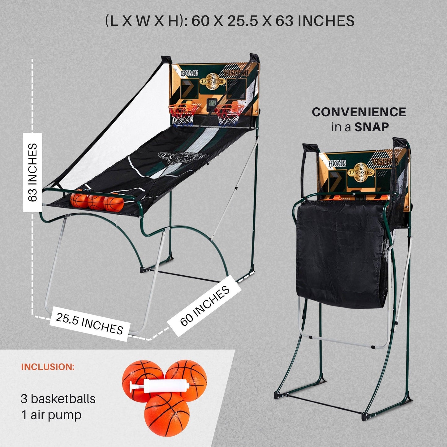 2 Player Indoor Basketball Arcade Game EZ Fold – Dual Hoop Shot Challenge with LED Scoring, 8 Game Modes, 3 Basketballs & Air Pump