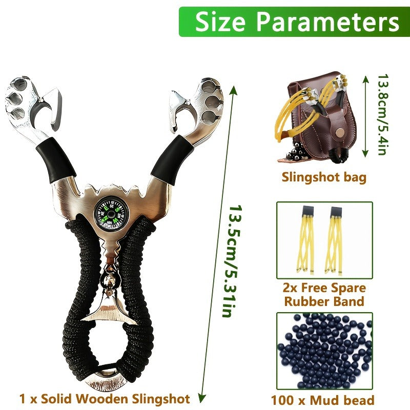 Alloy High-Velocity Slingshot Set for Hunting – Professional Catapult with Slingshot Bag, 100 Mud Beads & 2 Rubber Bands | Outdoor Target