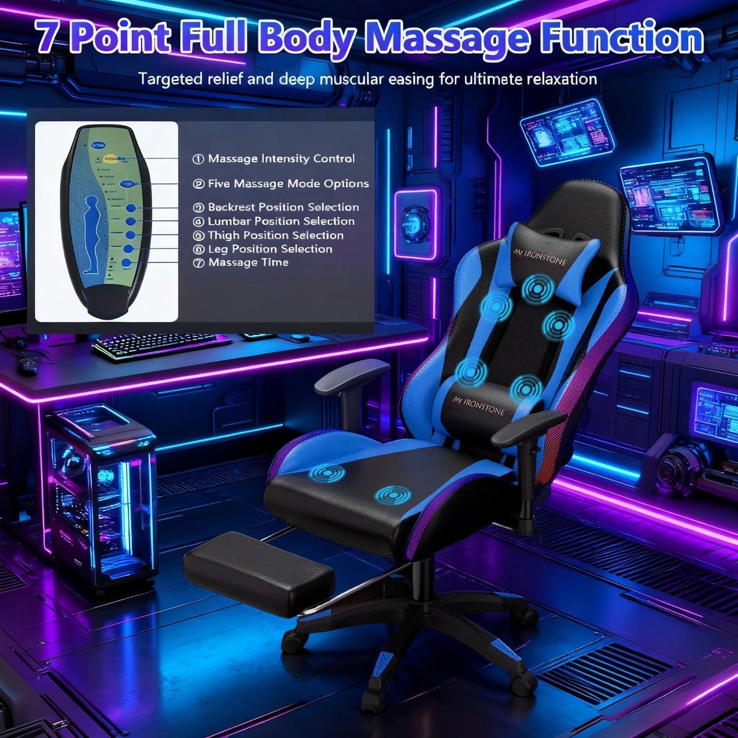 Gaming Chair with 7-Point Vibration Massage, Bluetooth Speakers, RGB Lighting, Footrest and 400lb Rating