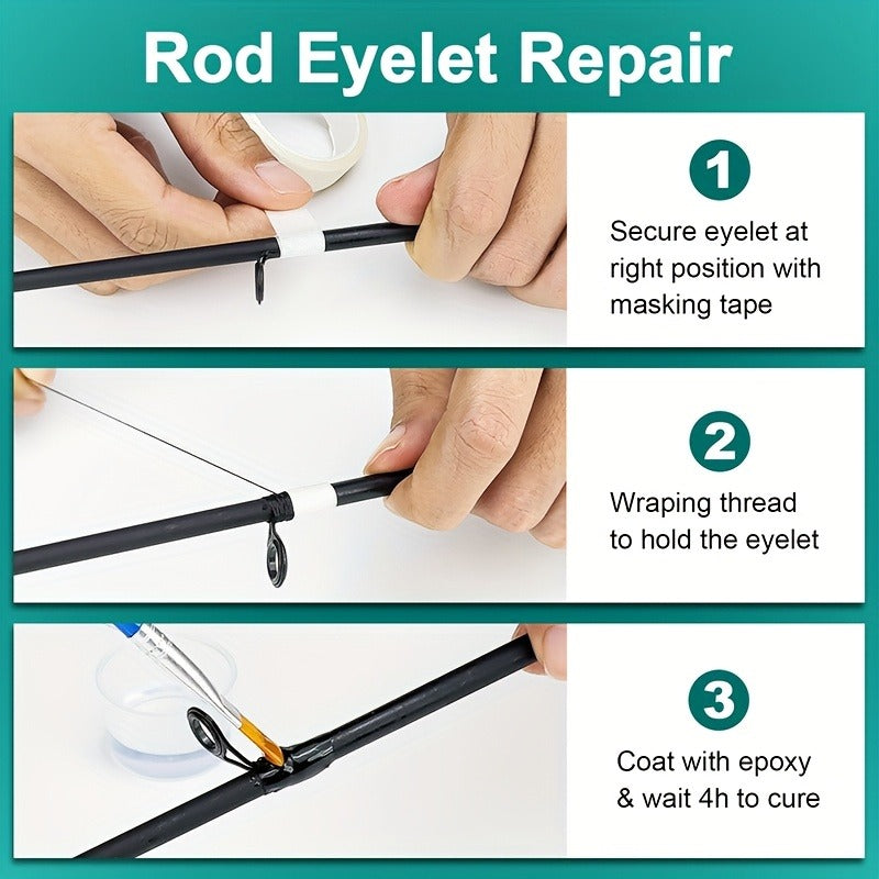 Fishing Rod Repair Kit with Top Rings Guides AB Epoxy Glue Winding Line Textured Paper Complete Rod Break Fix Set Iron Rod Guides