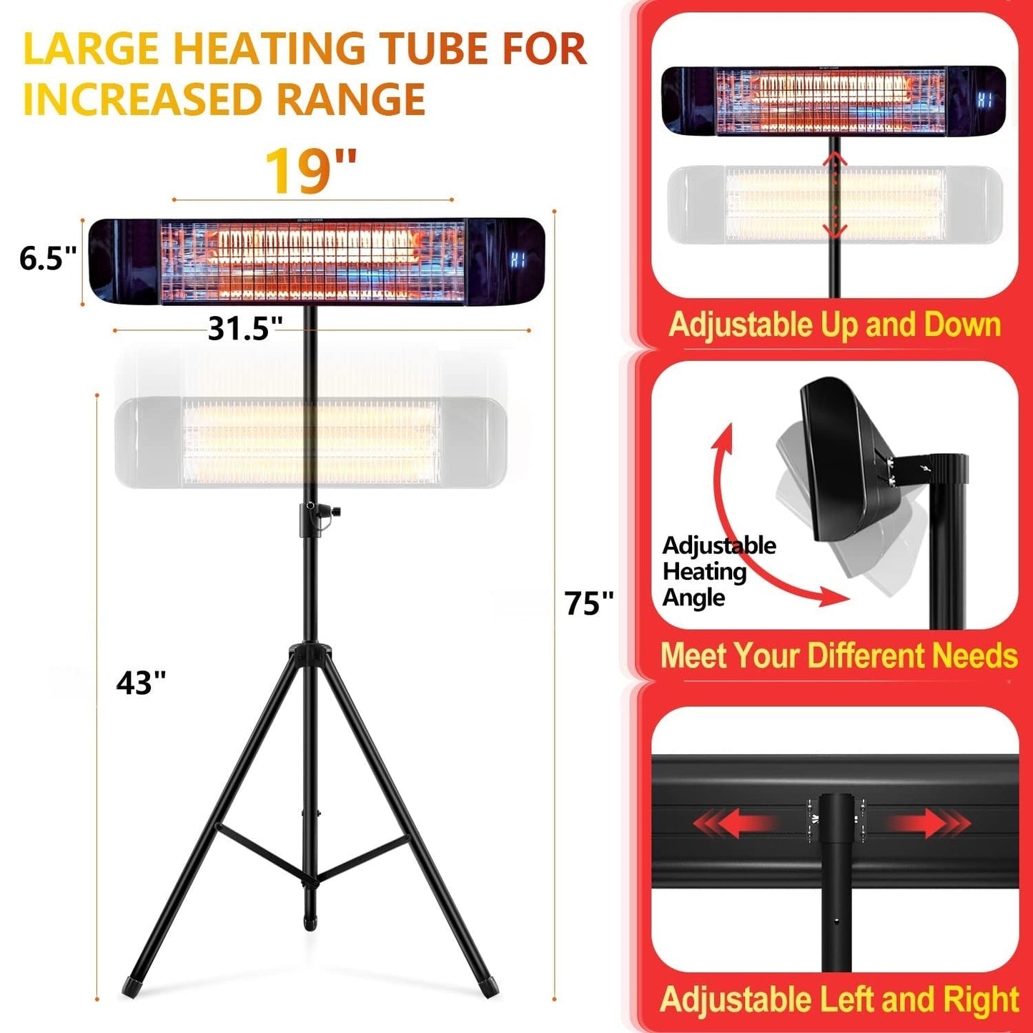 Infrared Outdoor Heater 1500W, 3-in-1 Wall Mounted, Ceiling & Tripod Electric Patio Heater for Indoor & Outdoor Use