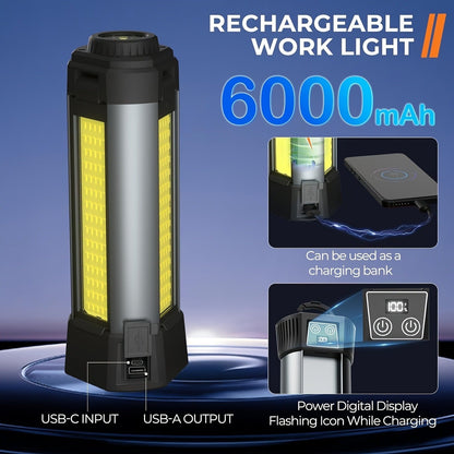 LED Camping Lantern with Tripod Stand, 6000/14500mAh Rechargeable Work Light, 10 Light Modes, 3 Height Adjustments