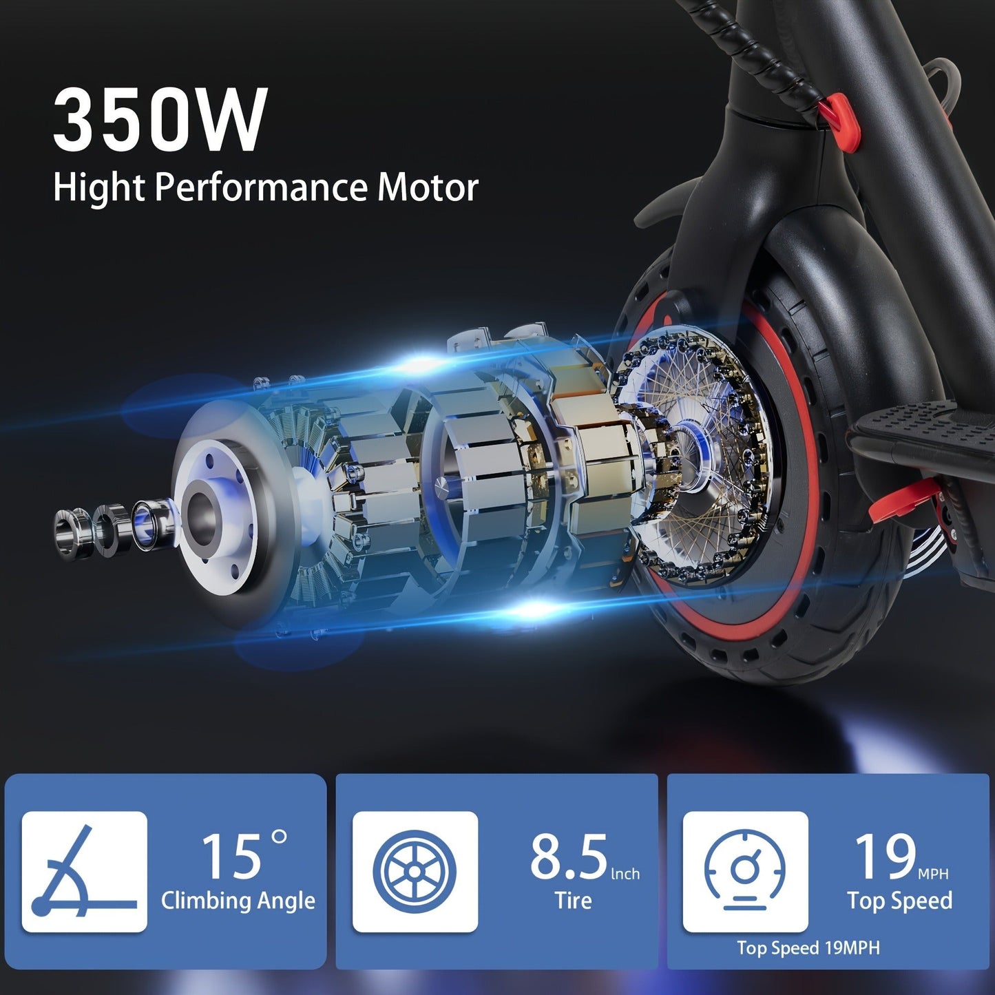 Electric Scooter for Adults 350W Motor Foldable Commuter E-Scooter 19 Miles Range 8.5" Solid Tires Portable Lightweight Travel Scooter