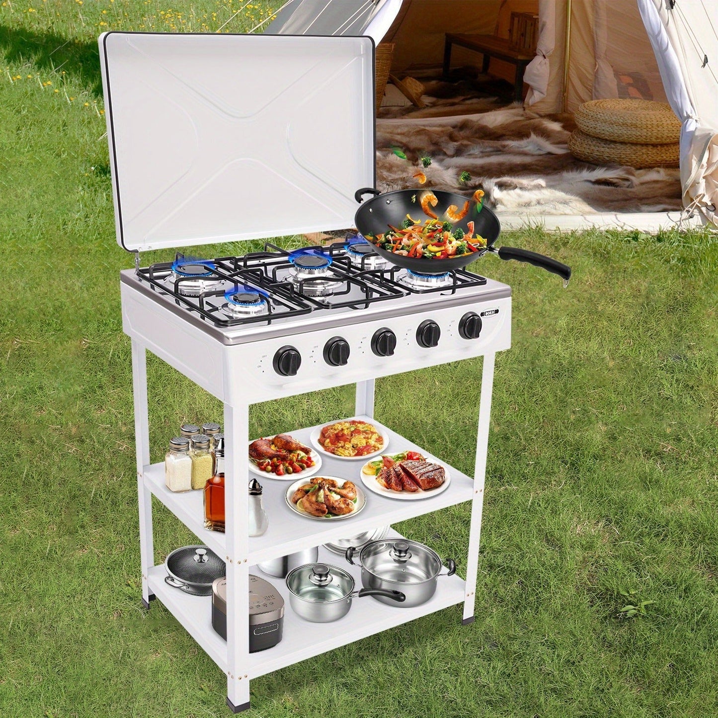 5-Burner Gas Stove CNCEST Portable Natural Gas Stove, 2.5kW Per Burner, Freestanding Outdoor Cooking Stove for RV