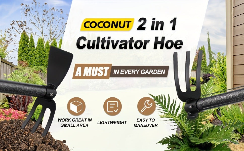60-Inch Garden Hand Tool with Double-Ended Flat Hoe, Three-Prong Cultivator and Sectional Handle