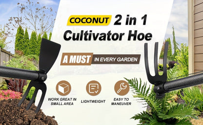 60-Inch Garden Hand Tool with Double-Ended Flat Hoe, Three-Prong Cultivator and Sectional Handle