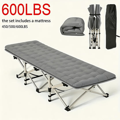 Folding Camping Bed with Carry Bag and No-Pad or Mattress Checkout Options Labeled 450, 500 or 600 lb