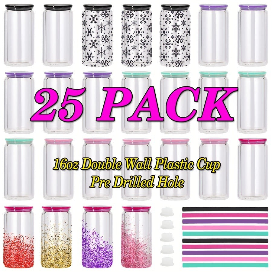 Snow Globe Tumbler Drinkware Bulk Set, 16oz Double-Wall Plastic Cups with Lids, Straws and Pre-Drilled Holes