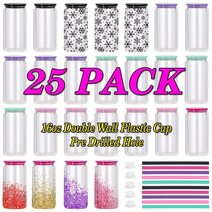 Snow Globe Tumbler Drinkware Bulk Set, 16oz Double-Wall Plastic Cups with Lids, Straws and Pre-Drilled Holes