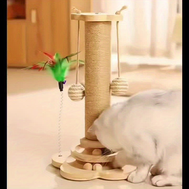 Sisal Cat Scratching Post with Hanging Ball & Turntable Interactive Toy 18.1 Inch – Sturdy Non-Slip Base Suction Cup Bottom for Kittens