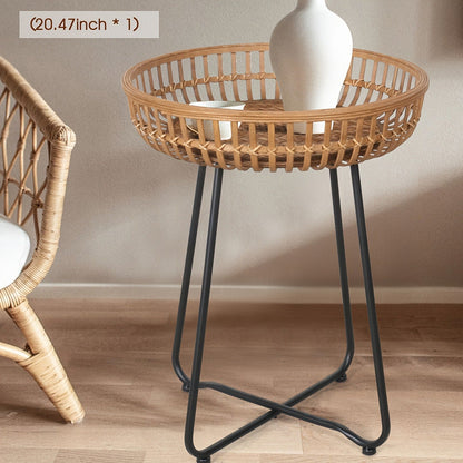 Side Table Rattan Collection with Bamboo-Woven Tops, Metal Bases and 18- or 20.4-Inch Options