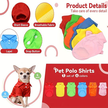 Dog Polo Shirt 6-Pack Collared T-Shirt Breathable Pullover – 100% Polyester All-Season Pet Outfit for Small Medium Dogs & Cats
