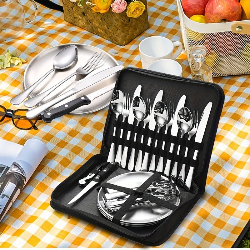 Camping Mess Kit 24pcs Stainless Steel Cutlery Set for 4 – Plates, Spoons, Forks, Serrated Knives & Cloth Napkins