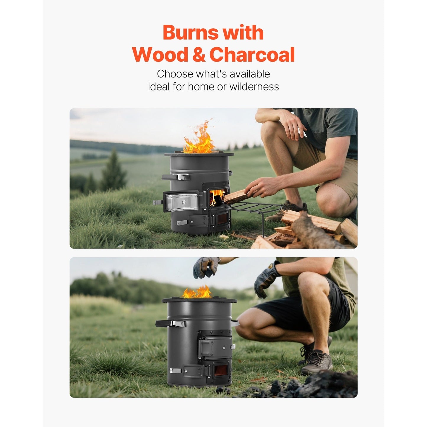 Wood Burning Rocket Stove Portable Camping Stove with Cast Iron Top, Double Door, Fireproof Lining