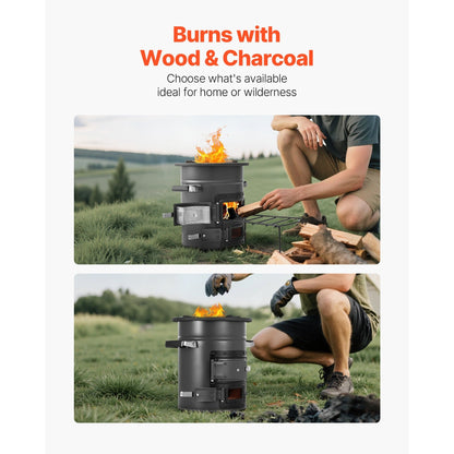 Wood Burning Rocket Stove Portable Camping Stove with Cast Iron Top, Double Door, Fireproof Lining