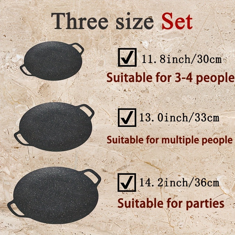 Korean BBQ Grill Pan Cast Iron 3-Piece Set, Non-Stick Portable Fry Pan for Indoor & Outdoor Use, Even Heat