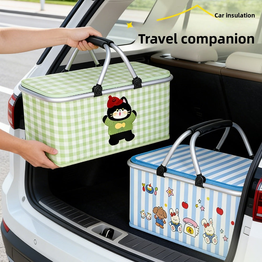 Insulated Picnic Box with Aluminum Frame – Collapsible Thermal Camping Storage Basket for Outdoor Picnic, BBQ