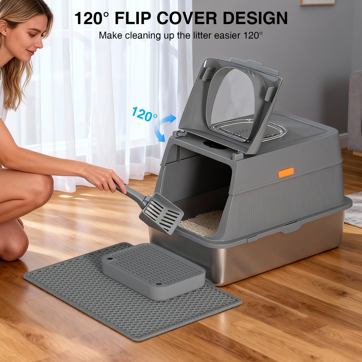 CITYLIFE Cat Litter Box with Stainless Steel Basin, Removable Enclosure, Flap Door, Top Entry, Step and Mat