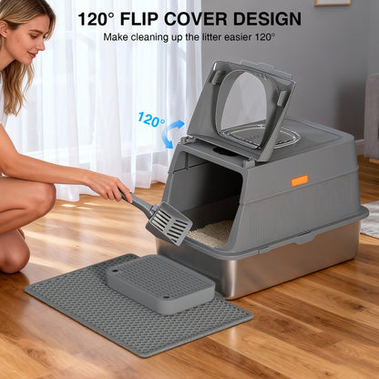 CITYLIFE Cat Litter Box with Stainless Steel Basin, Removable Enclosure, Flap Door, Top Entry, Step and Mat