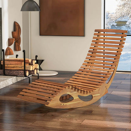 Acacia Wood Rocking Chaise Lounge Outdoor High Back Slatted Seat Stopper Patio Rocker for Deck Poolside Garden
