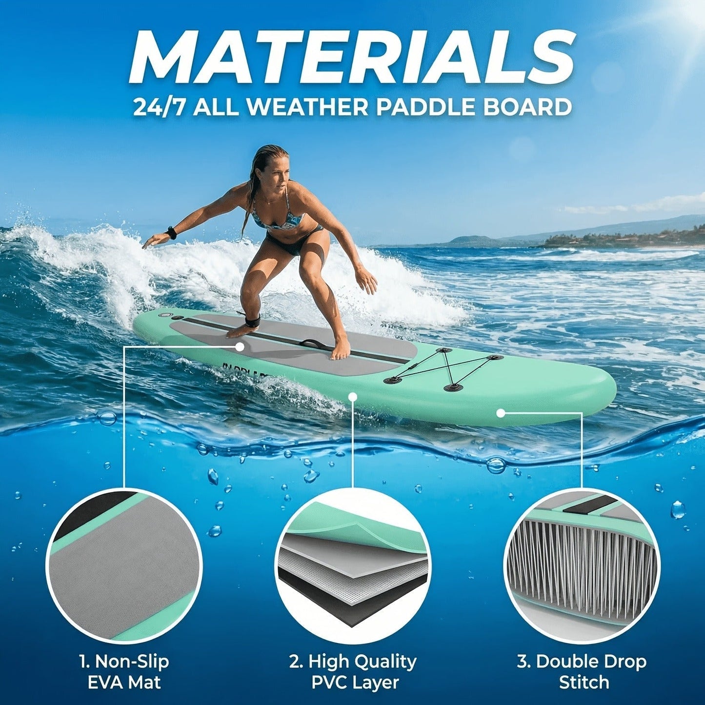 Stand Up Paddle Board 10ft 350lbs Inflatable SUP 3 Fins EVA Non-Slip Deck 12-15PSI Alloy Paddle Hand Pump Repair Kit Carrying Bag