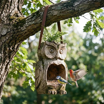 Bird Feeder Hanging Outdoor Rustic Wood Owl-Shaped Plant Pot for Patio Lawn Garden Decor – Open Design Decorative Planter for Bird Seed