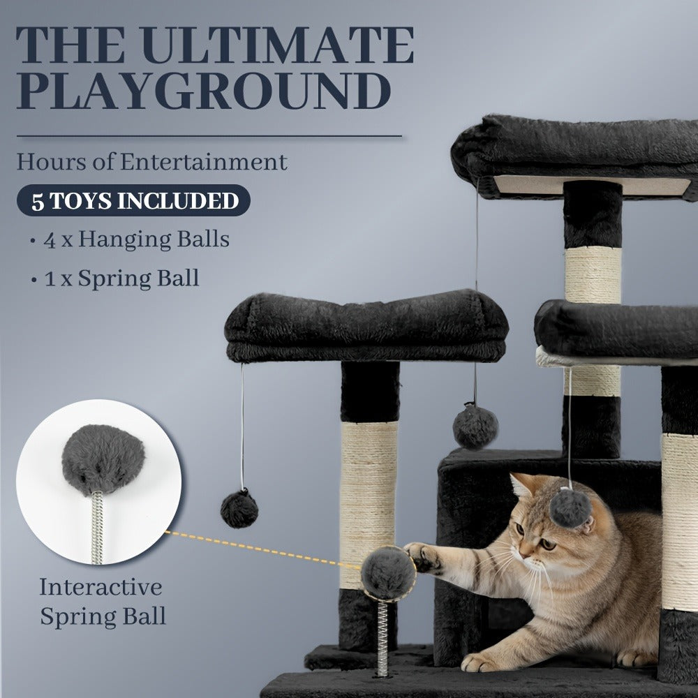 Large Multi-Level Cat Tower with Two Condos, Three Perches, Hammocks and Six Gray, Beige or Taupe Configurations