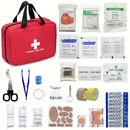 338-Piece First Aid Supply Kit in Red Handled Zipper Bag with Organized Interior Compartments