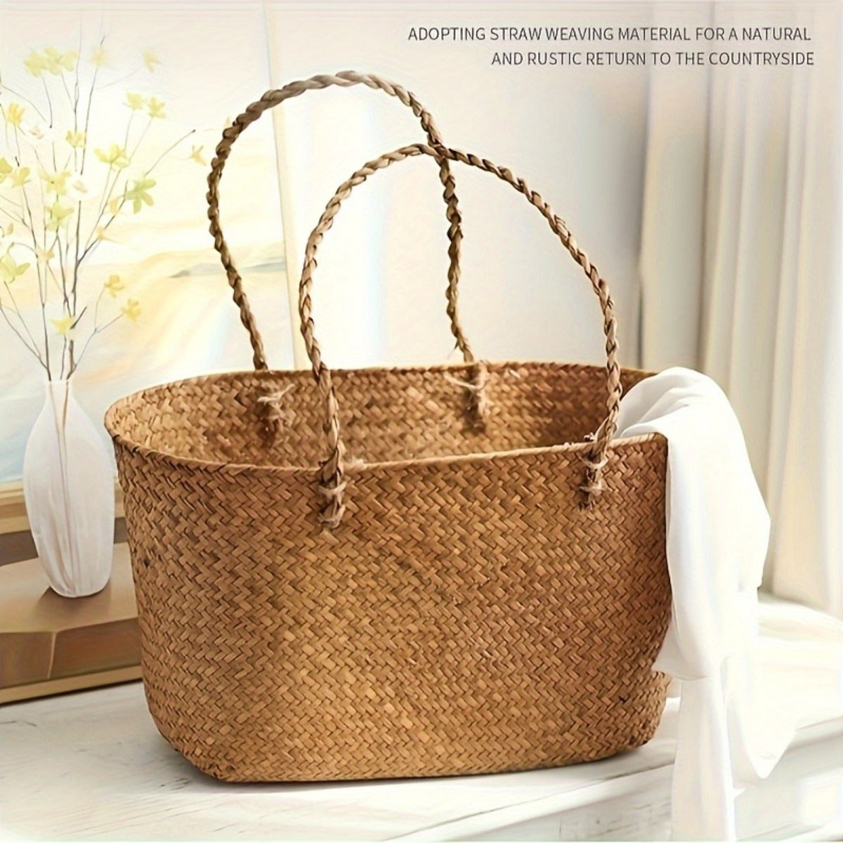 Large Woven Straw Picnic Tote Basket with Long Handles, Open Top Natural-Color Outdoor Carry Design
