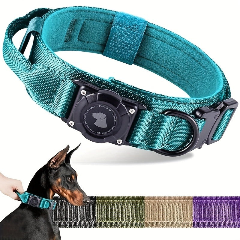 Tactical Dog Collar with AirTag Holder and Handle Adjustable Heavy Duty PC Case GPS Tracking Compatible for Medium Large Dogs M L XL 9
