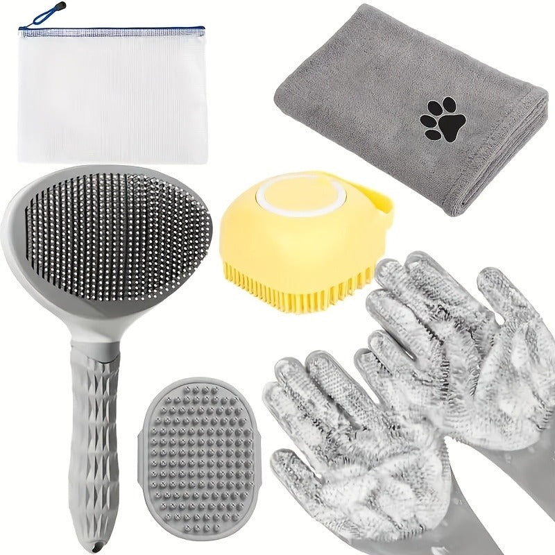 Dog Grooming Kit Set 6pcs – Pet Brush, Microfiber Towel, Washing Gloves & Shedding Tool, No Power Required