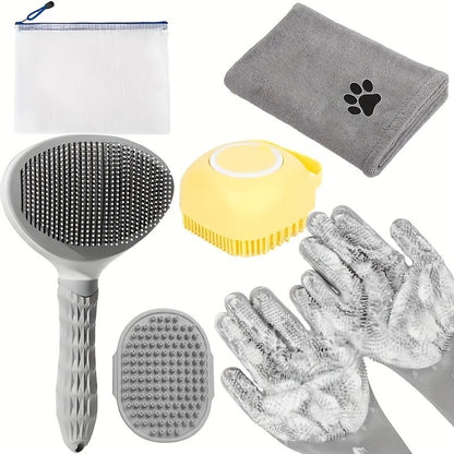 Dog Grooming Kit Set 6pcs – Pet Brush, Microfiber Towel, Washing Gloves & Shedding Tool, No Power Required