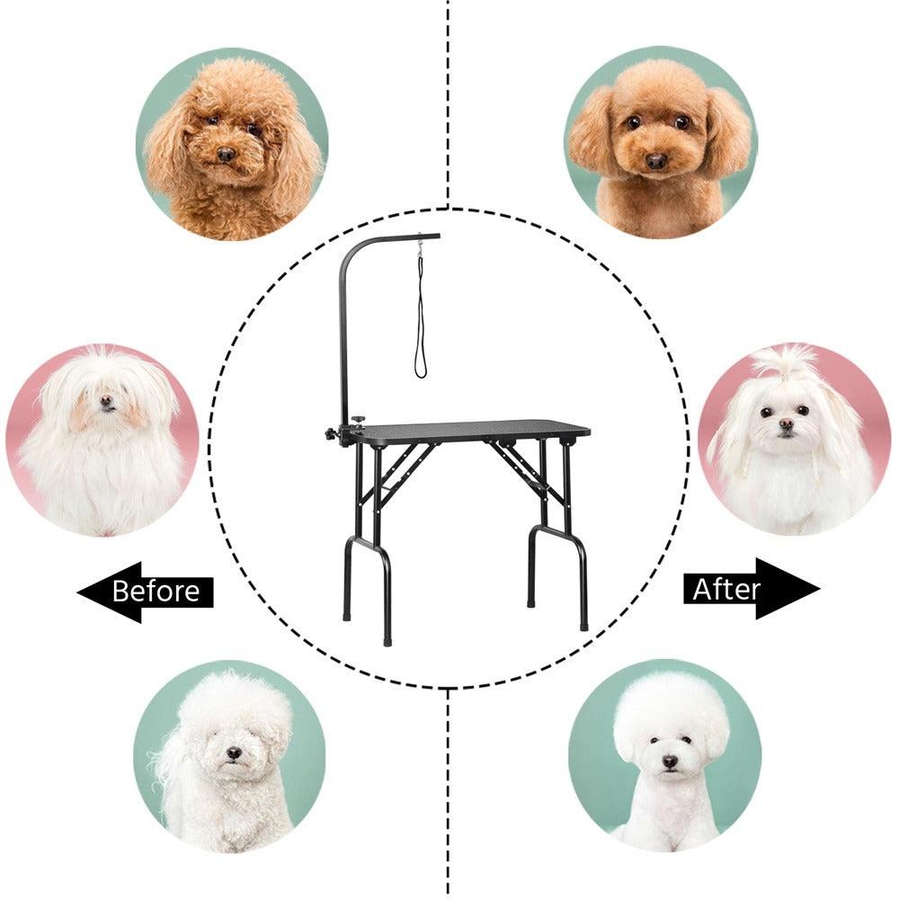 Pet Grooming Table Foldable with Height Adjustable Arm – Non-Slip Waterproof Surface, Folding Legs, Sturdy Metal Frame