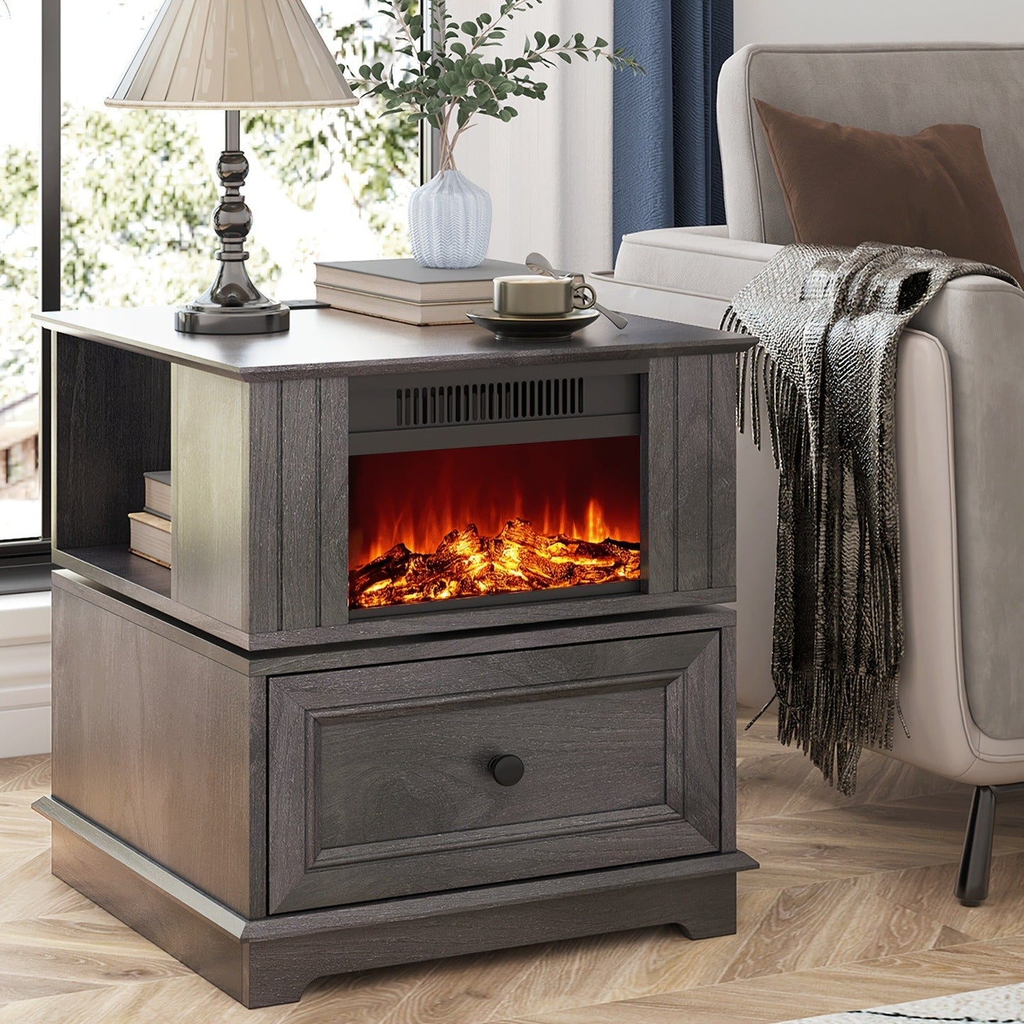 Electric Fireplace End Table Rotating 13-Inch Screen Side Table with Fast Charging Station Storage Shelf for Living Room Bedroom
