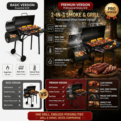 Barrel Charcoal Grill with Offset Smoker, Wheeled Cart, Side Firebox and Two Black Configuration Options