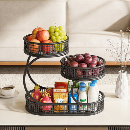 Three-Level Black Wire Fruit Basket with Two Round Bowls and 15.75-Inch Rectangular Base Tray