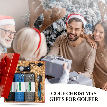 Five-Piece Golf Cleaning Set with Three Waffle Towels, Dual-Bristle Club Brush and Retractable Divot Tool
