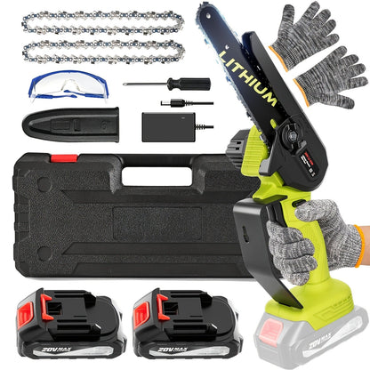 Cordless Brushless Chainsaw with 6- or 12-Inch Bar, One- or Two-Battery Kits in Purple, Green, Teal or Yellow