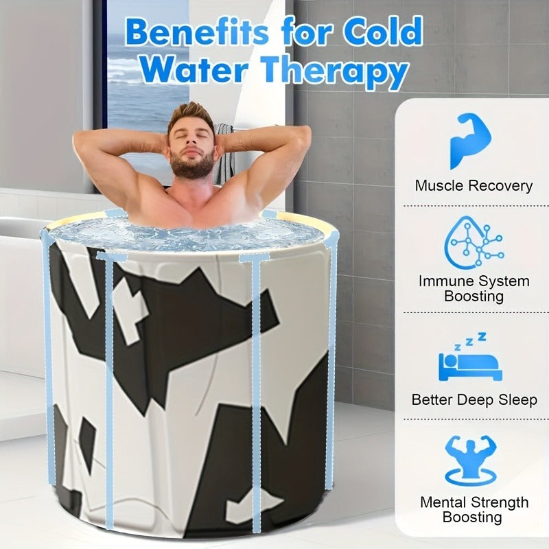 Round Foldable Adult Soaking Tub in Black-and-White Geometric Pattern with Freestanding Support Frame and Drain