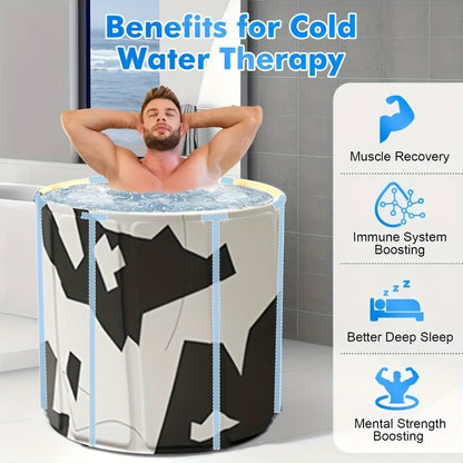 Round Foldable Adult Soaking Tub in Black-and-White Geometric Pattern with Freestanding Support Frame and Drain