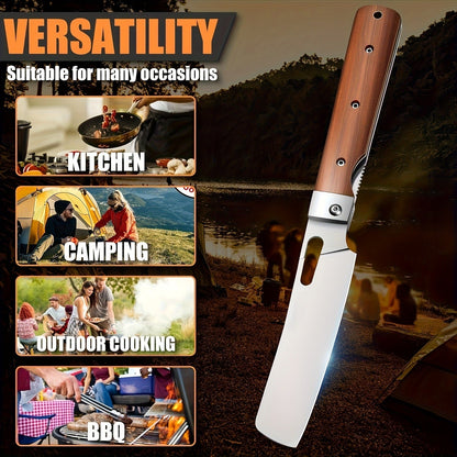 Folding Nakiri Kitchen Knife with 440C Stainless Steel Label, Wood-Look Handle, Drawstring Pouch and Box