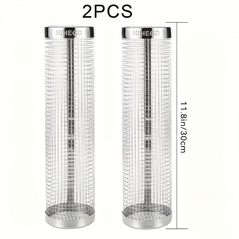 Rolling Grill Basket Stainless Steel 2-Pack, Cylinder BBQ Basket with Hook & Fork for Vegetables