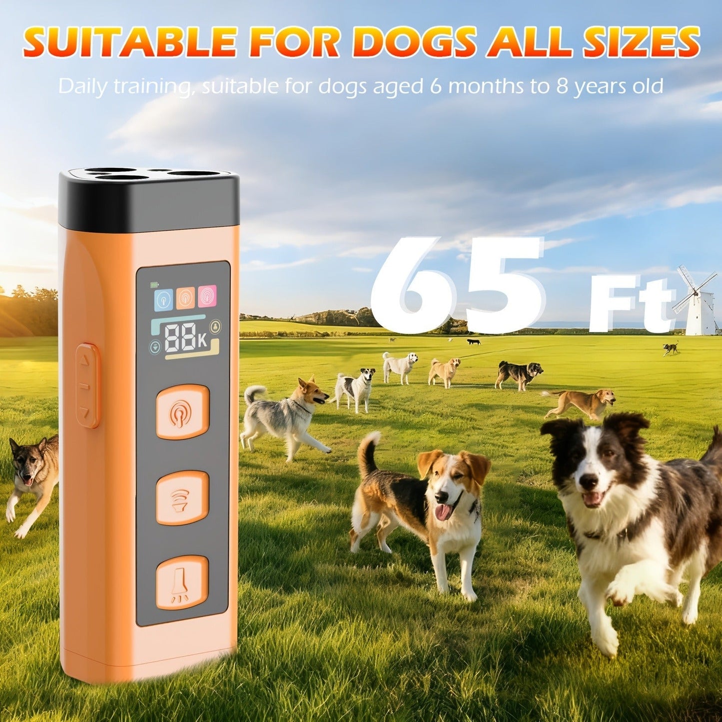 Orange Rechargeable Triple-Emitter Ultrasonic Dog Training Aid with Display, Light and Wrist Strap